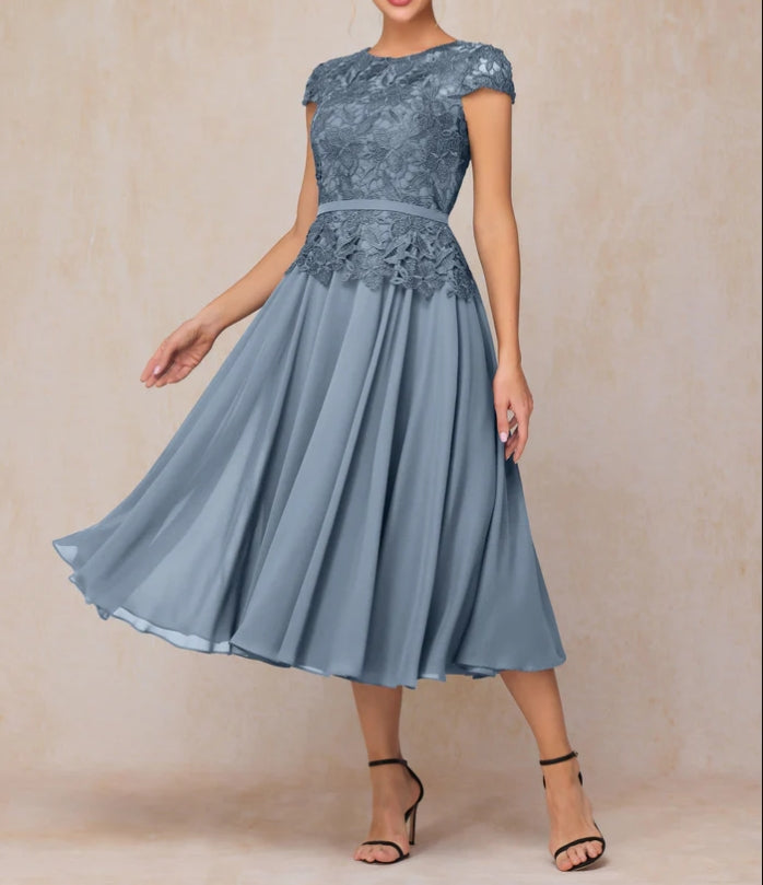 A-Line High Neck Chiffon Tea-Length Mother of the Bride & Groom Dresses with Lace Appliques