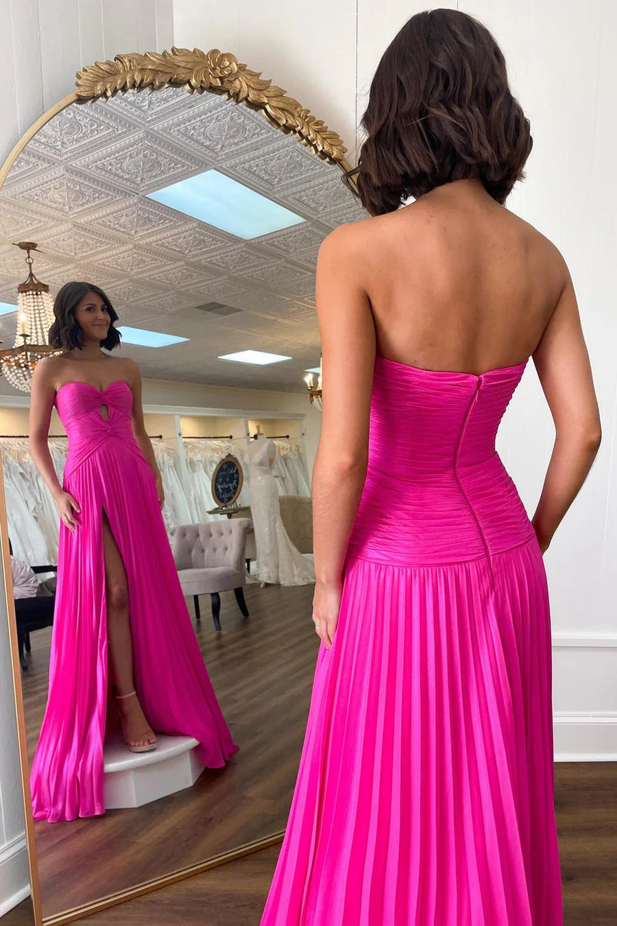 Hot Pink Strapless Keyhole Pleated A-Line Prom Dress With Slit