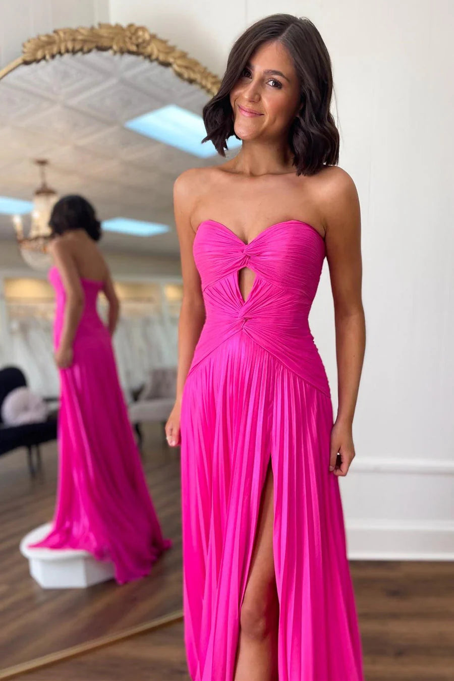 Hot Pink Strapless Keyhole Pleated A-Line Prom Dress With Slit