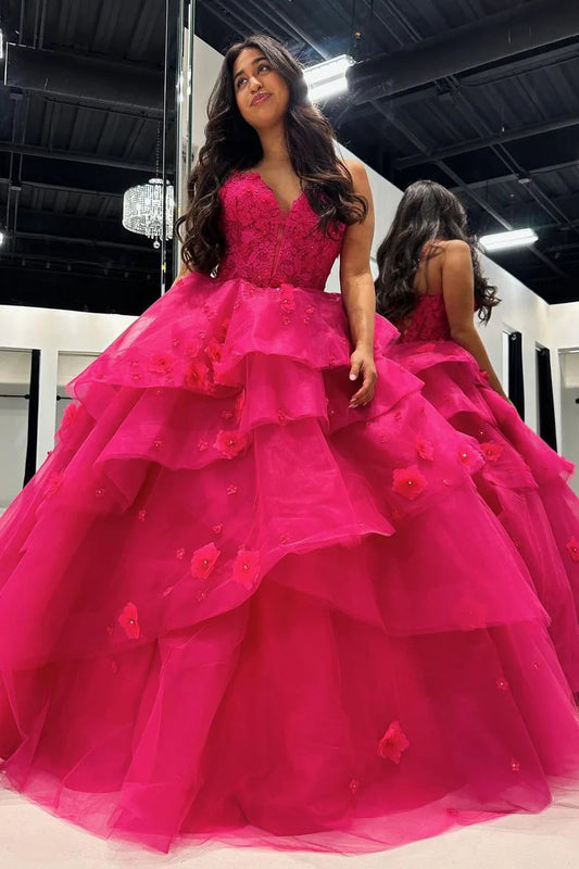 Fuchsia Sweetheart Tiered Tulle Ball Gown Princess Dress  Prom Dresses with Appliques