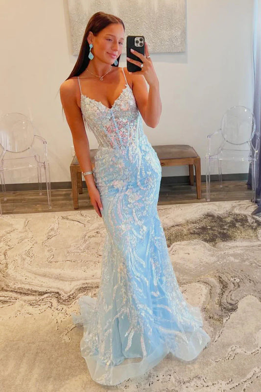 Light Blue Sequins Appliques V Neck Tulle Lace Long Prom Dresses