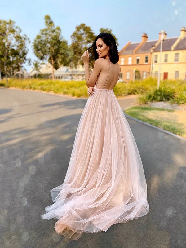 A-Line Princess Tulle V-neck Hand-Made Flower Sleeveless Prom Dresses