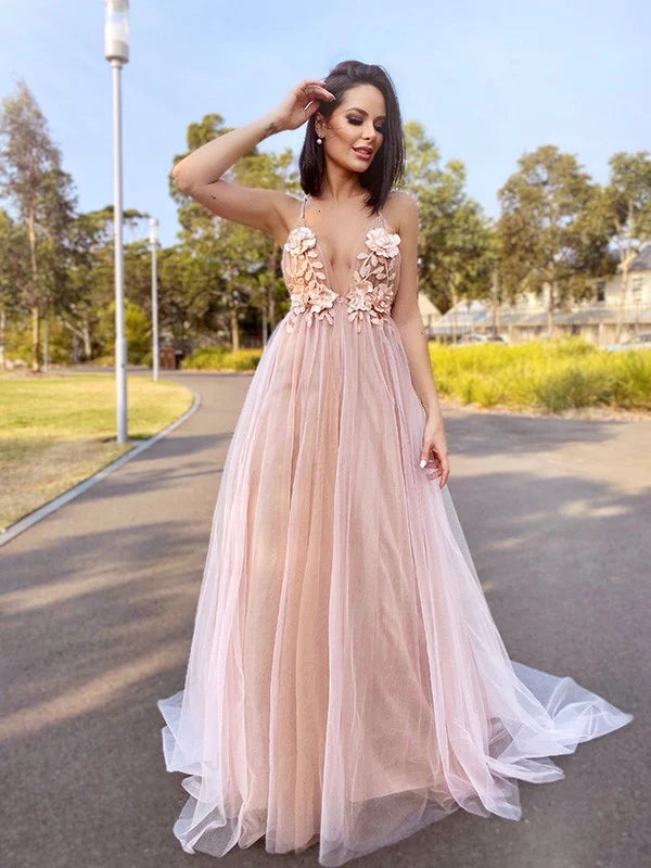 A-Line Princess Tulle V-neck Hand-Made Flower Sleeveless Prom Dresses