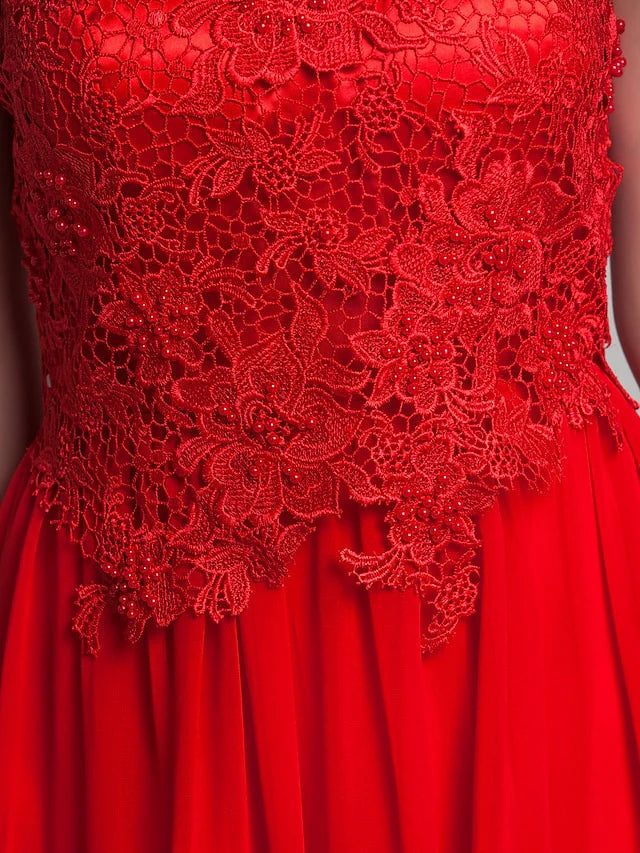 Sheath / Column Elegant Dress Wedding Guest Asymmetrical Sleeveless Halter Chiffon Backless with Appliques