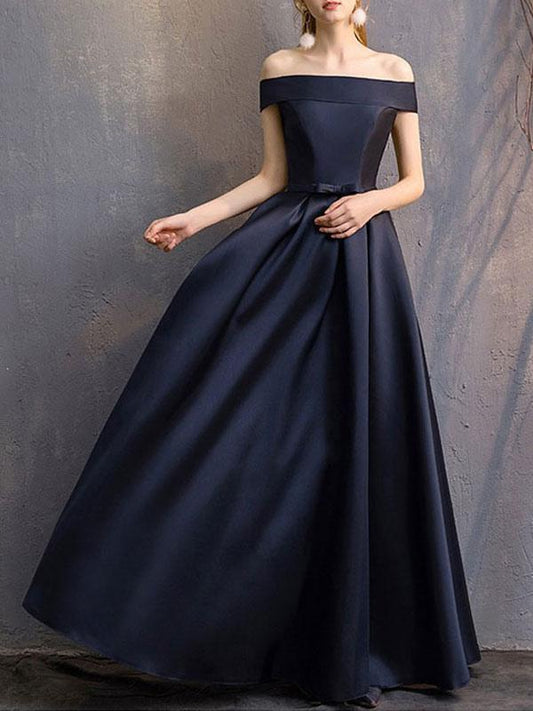 A-Line Bateau Neck Floor-Length Short Sleeves Evening Dresses Lace-up Polyester Formal Party Dresses