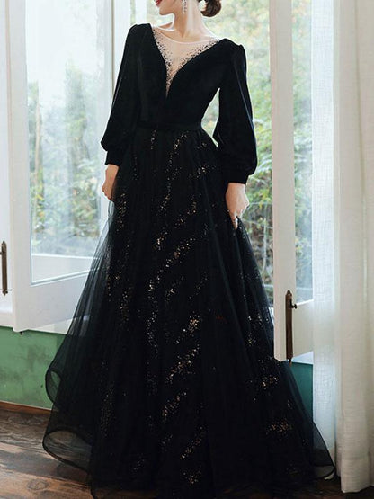 A-Line V-Neck Velvet Floor-Length Long Sleeves Lace-up Lace Formal Evening Dresses