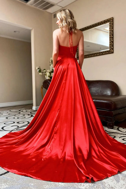 Red Halter V-Neck A-Line Ballgown Simple Prom Dress Pockets With Sweep Train