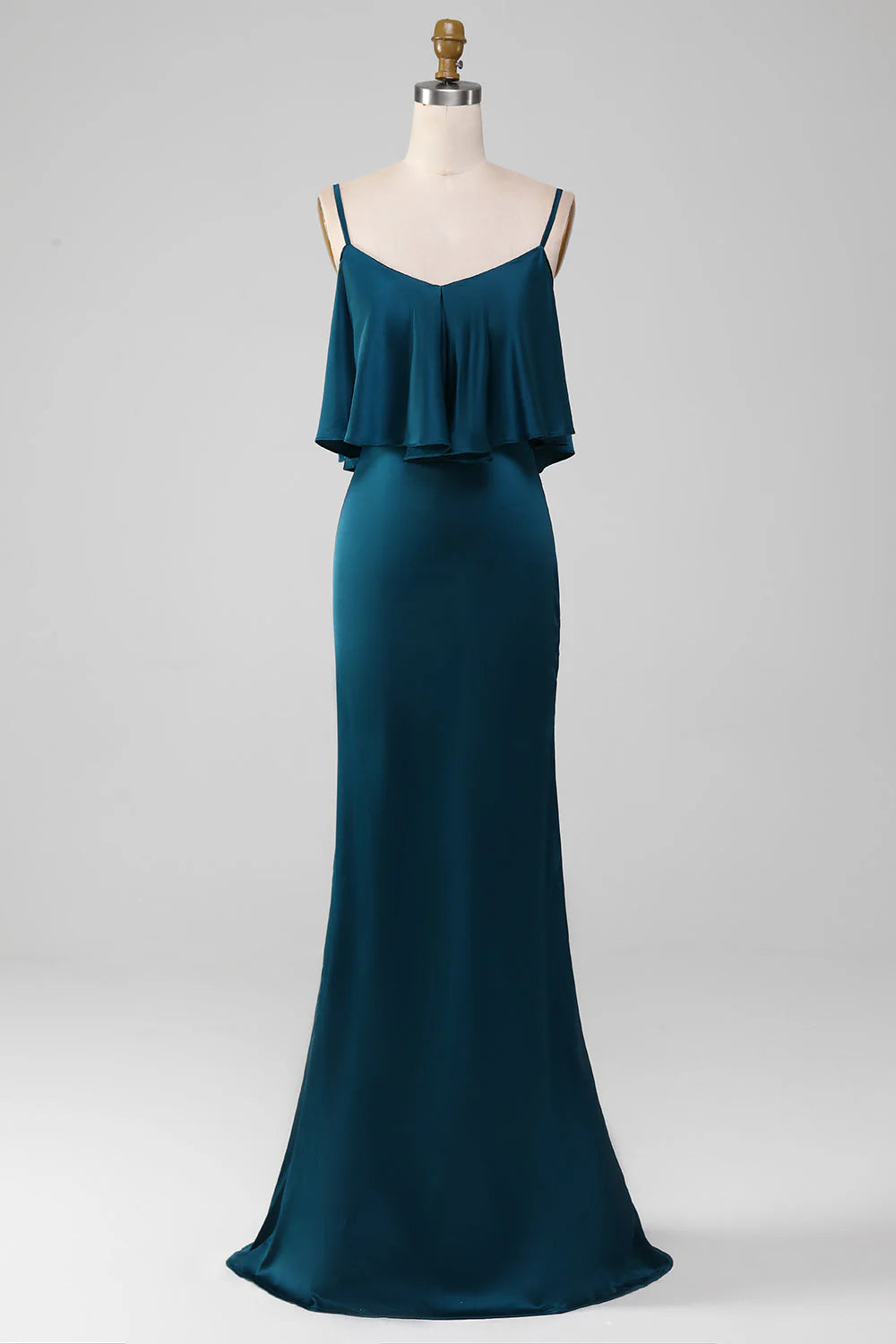 Peacock Sheath Spaghetti Long Bridesmaid Dress