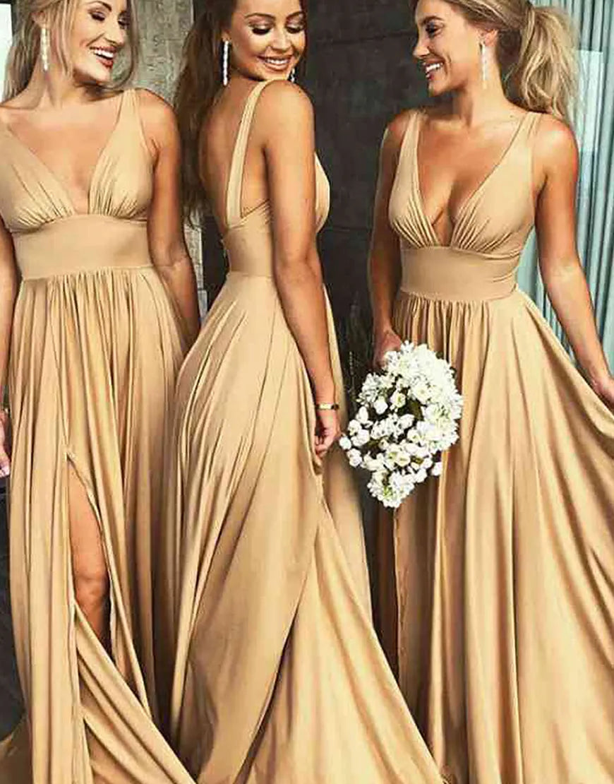 A-Line Satin Long Bridesmaid Dress Wedding Guest Party Dresses With Split