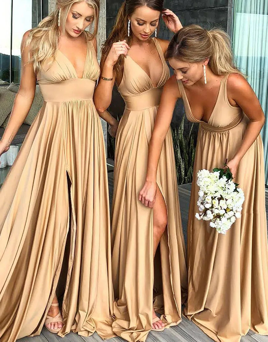 A-Line Satin Long Bridesmaid Dress Wedding Guest Party Dresses With Split