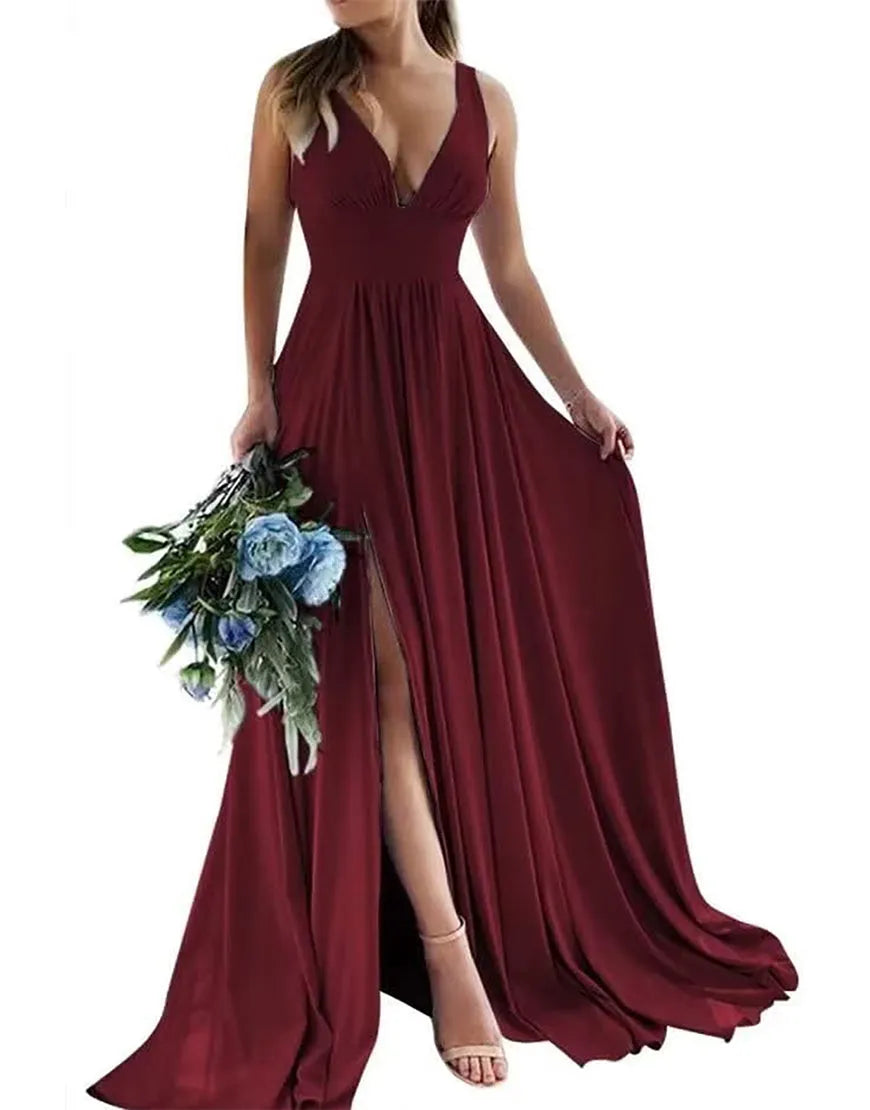 A-Line Satin Long Bridesmaid Dress Wedding Guest Party Dresses With Split