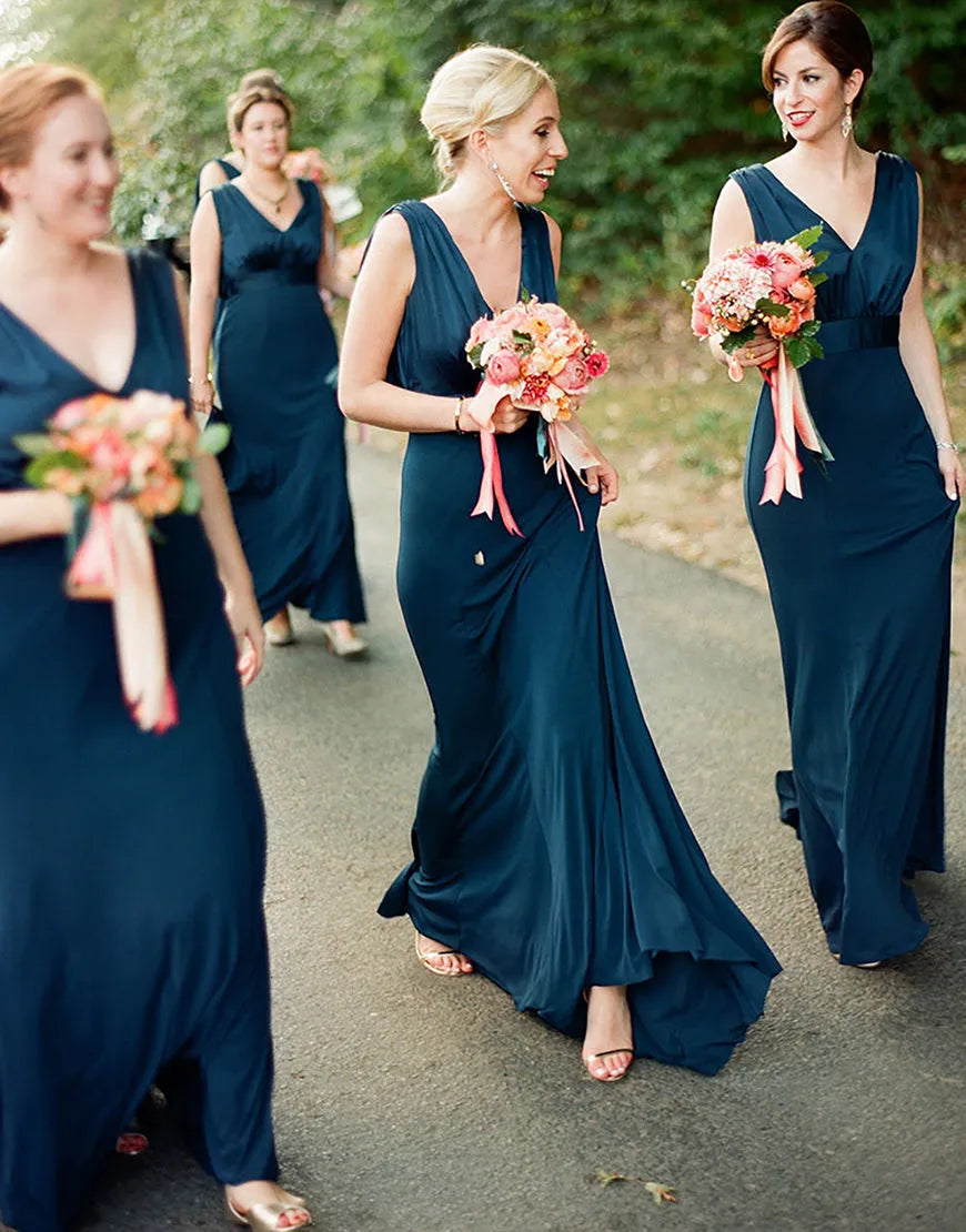 Peacock Sheath-Column V-Neck Long Bridesmaid Dress Wedding Guest Party Dresses