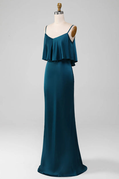 Peacock Sheath Spaghetti Long Bridesmaid Dress