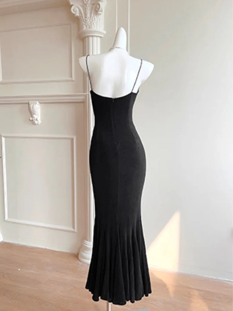 Simple Mermaid Black Long Party Dress Spaghetti Strap Evening Dress