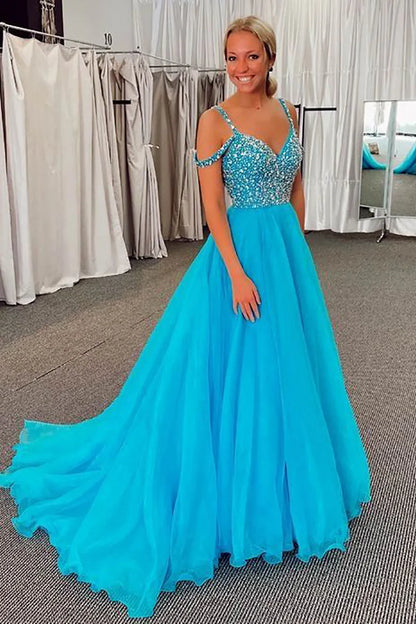 A Line Off the Shoulder Blue Long Prom Dress with Beading Sweep/Brush Train Dresses