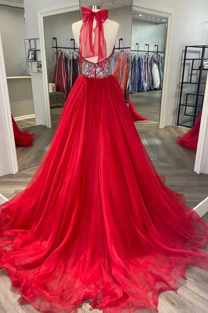 Red A Line Halter Neck Ballgown Long Prom Dress with Beading Sweep/Brush Train Dresses