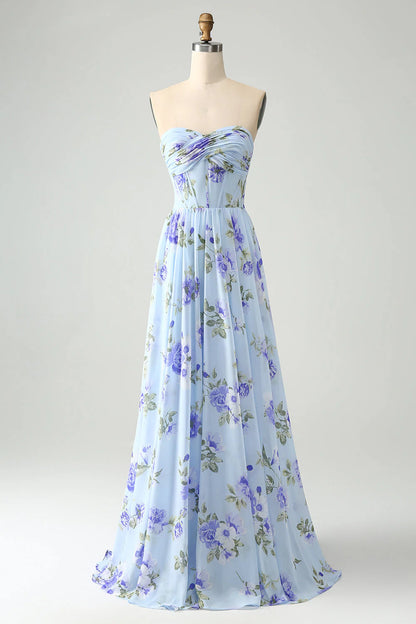 Blue Floral A Line Sweetheart Pleated Long Maxi Dress Bridesmaid Dresses