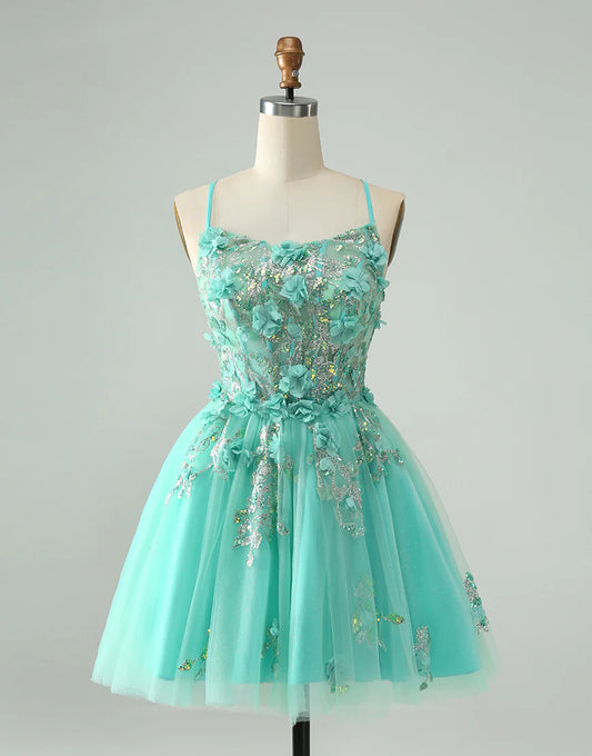 A Line Sequins Corset Short Tulle Appliques Homecoming Dress