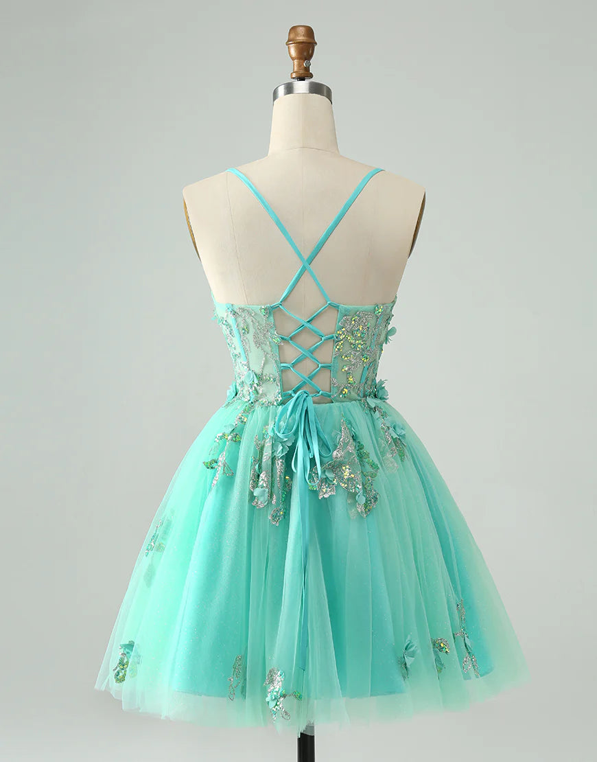 A Line Sequins Corset Short Tulle Appliques Homecoming Dress