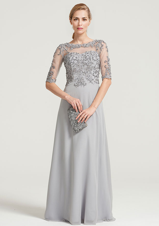 A-line Half Sleeve Floor-Length Chiffon Mother of the Bride Dress With Sequins Appliqued