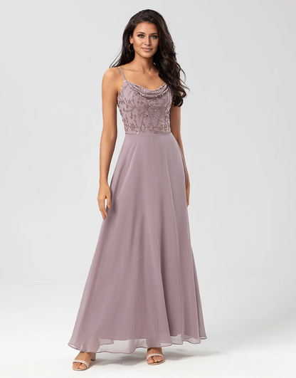 A Line Spaghetti Straps Long Bridesmaid Dress with Beaded