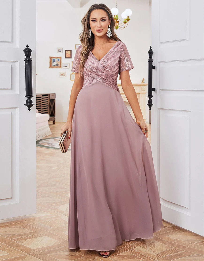 Dusty Rose A-line V-neck Long Wedding Guest Party Dress Mother of Bride Dress