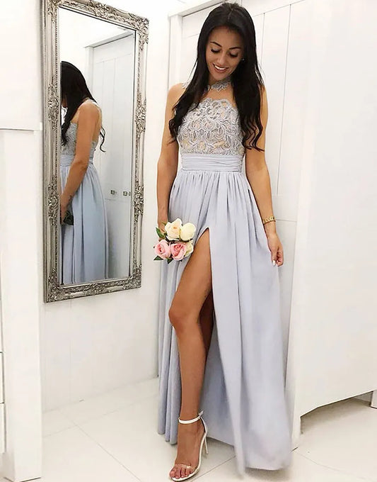 A-Line Illusion Neckline Appliques Long Bridesmaid Dress With Split