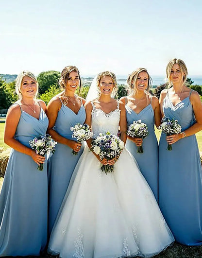 A-Line Sky Blue Spaghetti Straps Court Train Boho Bridesmaid Dress With Sweep Train