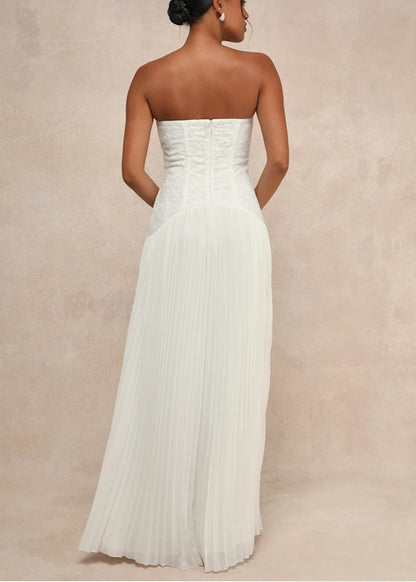 A-Line White Embroidered Pleated Strapless Floor-length Wedding Dress