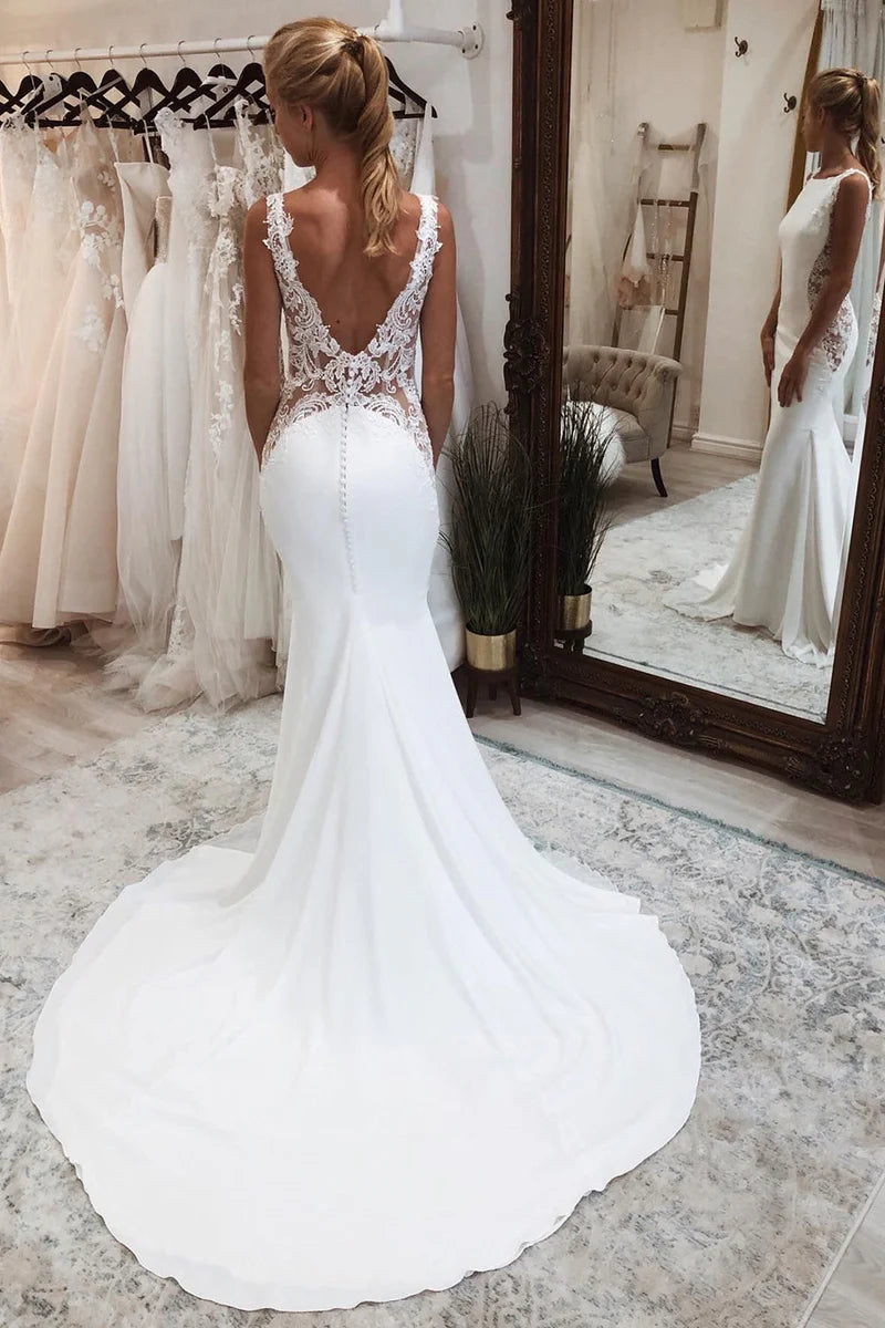 White Long Mermaid Boho Wedding Dress with Lace