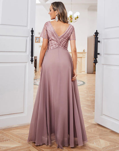 Dusty Rose A-line V-neck Long Wedding Guest Party Dress Mother of Bride Dress