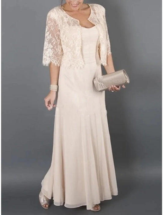 Two Piece Mother of the Bride Dress Wedding Guest Elegant Party Square Neck Chiffon Lace 3/4 Length Sleeve