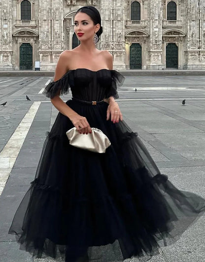 Black Off the Shoulder A Line Tulle Homecoming Dress