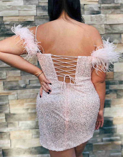 Off the Shoulder Lavender Sequins With Lace Up Back Homecoming Dress with Feathers