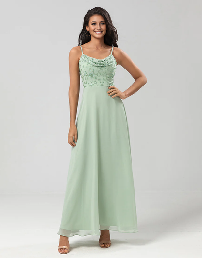 A Line Spaghetti Straps Long Bridesmaid Dress with Beaded