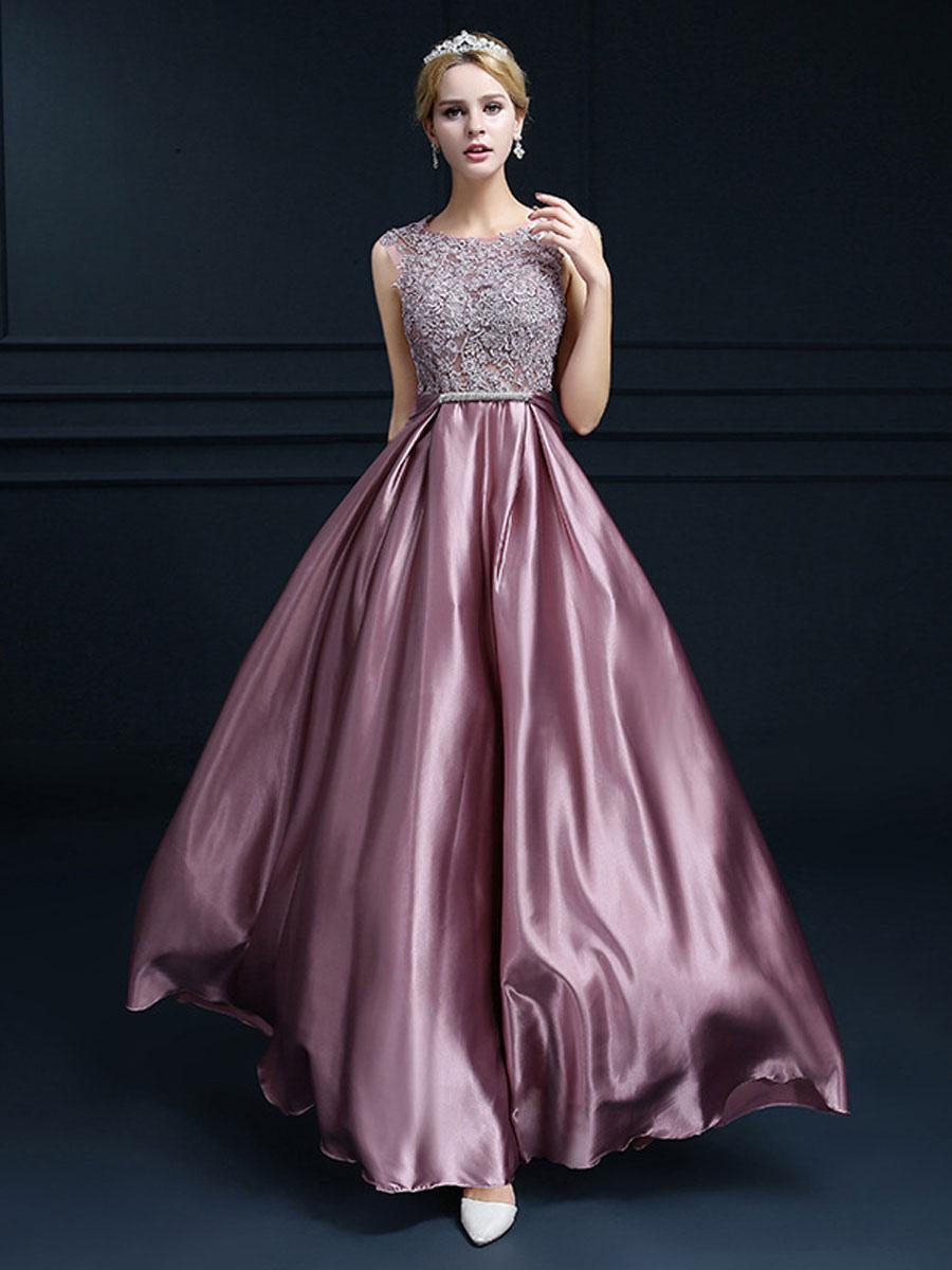 A-Line Jewel Neck Evening Dress Floor-Length Sleeveless Zipper Applique Satin Wedding Guest Party Dresses