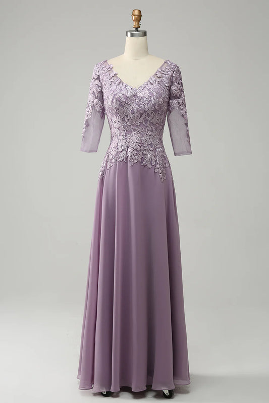 Purple Chiffon V-Neck Floor-length Mother of the Bride Dress with Lace