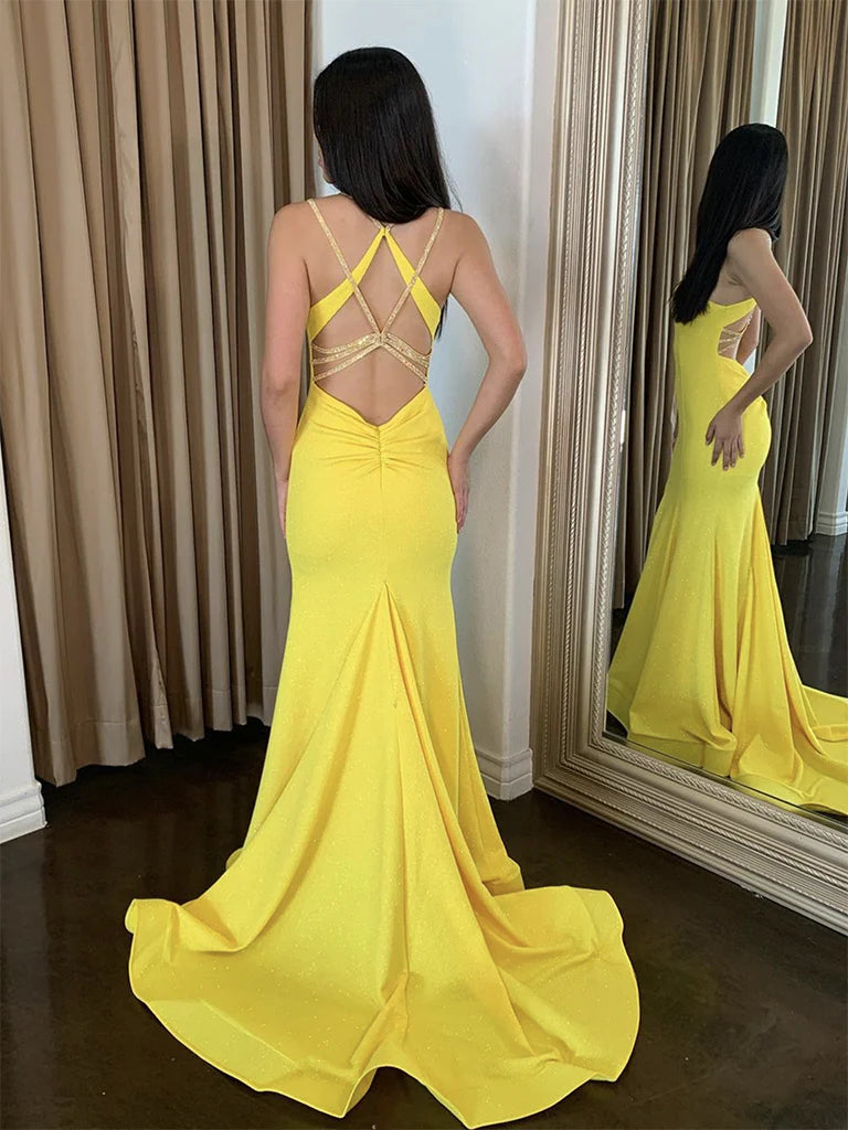 Simple Backless Satin Evening Dress Yellow Long Prom Dress