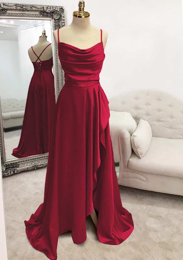 A-line Bateau Spaghetti Straps Long Satin Prom Dress Evening Dress With Pleated Split