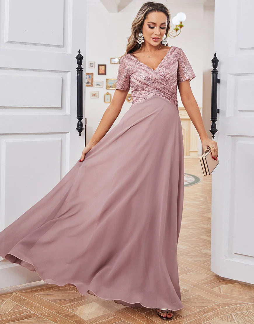 Dusty Rose A-line V-neck Long Wedding Guest Party Dress Mother of Bride Dress