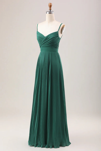 Dark Green A-Line Spaghetti Straps Pleated Chiffon Long Bridesmaid Dress Formal Wedding Guest Party Dresses