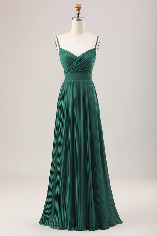 Dark Green A-Line Spaghetti Straps Pleated Chiffon Long Bridesmaid Dress Formal Wedding Guest Party Dresses