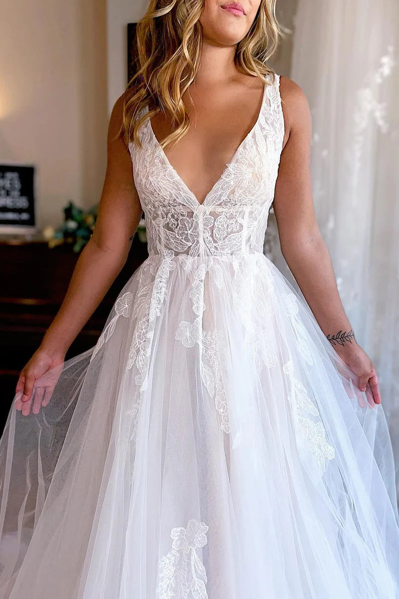 Ivory A-Line Deep V-Neck Backless Long Wedding Dress with Lace