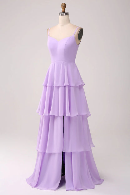 Lilac A-Line Chiffon Tier Long Dress Bridesmaid Dress With Slit