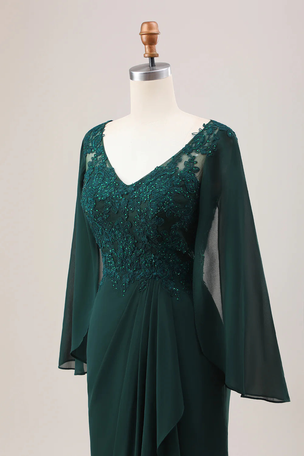 Glitter Dark Green Mermaid V-Neck Chiffon Long Sleeves Mother of Bride Dress