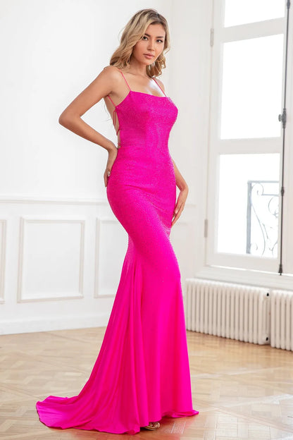 Glitter Hot Pink Mermaid Spaghetti Strap Sequin Prom Dresses Evening Dresses