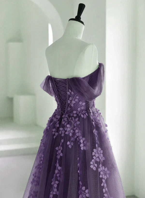 A-Line Princess Floor-length Purple Tulle with Appliques Lace Formal Dress Prom Dress