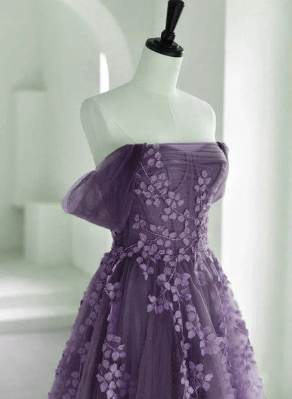 A-Line Princess Floor-length Purple Tulle with Appliques Lace Formal Dress Prom Dress