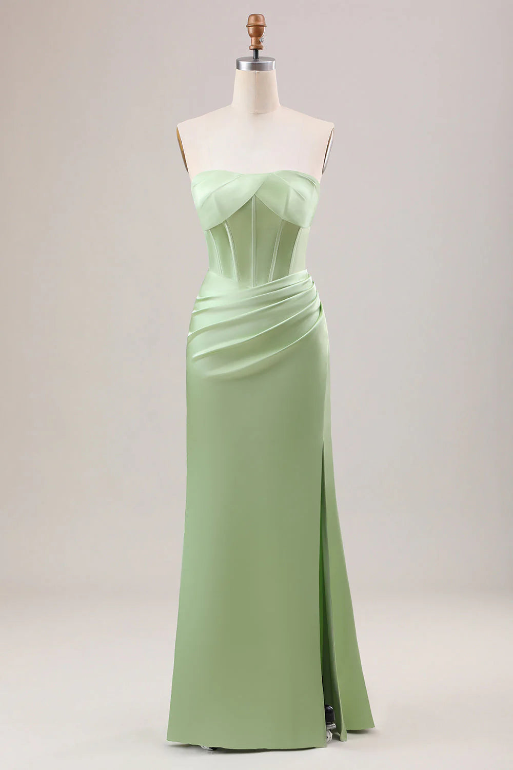 Green Mermaid Strapless Pleated Bridesmaid Dress With Slit