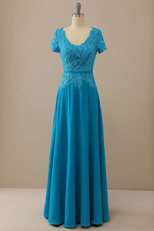 V Neck Peacock Blue Chiffon Mother of the Bride Dresse Wedding Guest Dresses